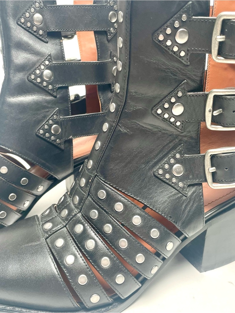 COACH Phoebe Black Leather Studded Cut-Out Ankle Boots Buckle Booties Size 7B - Picture 10 of 11